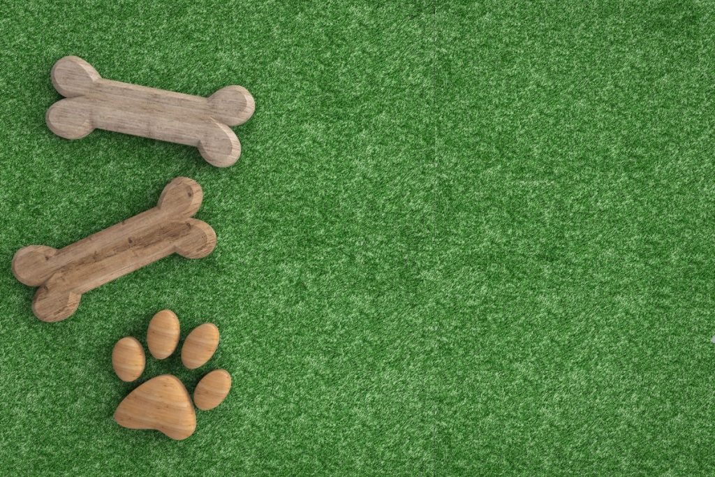 A dog bone and paw prints on a lush green lawn, symbolizing a lawn care service for pet-friendly environments.